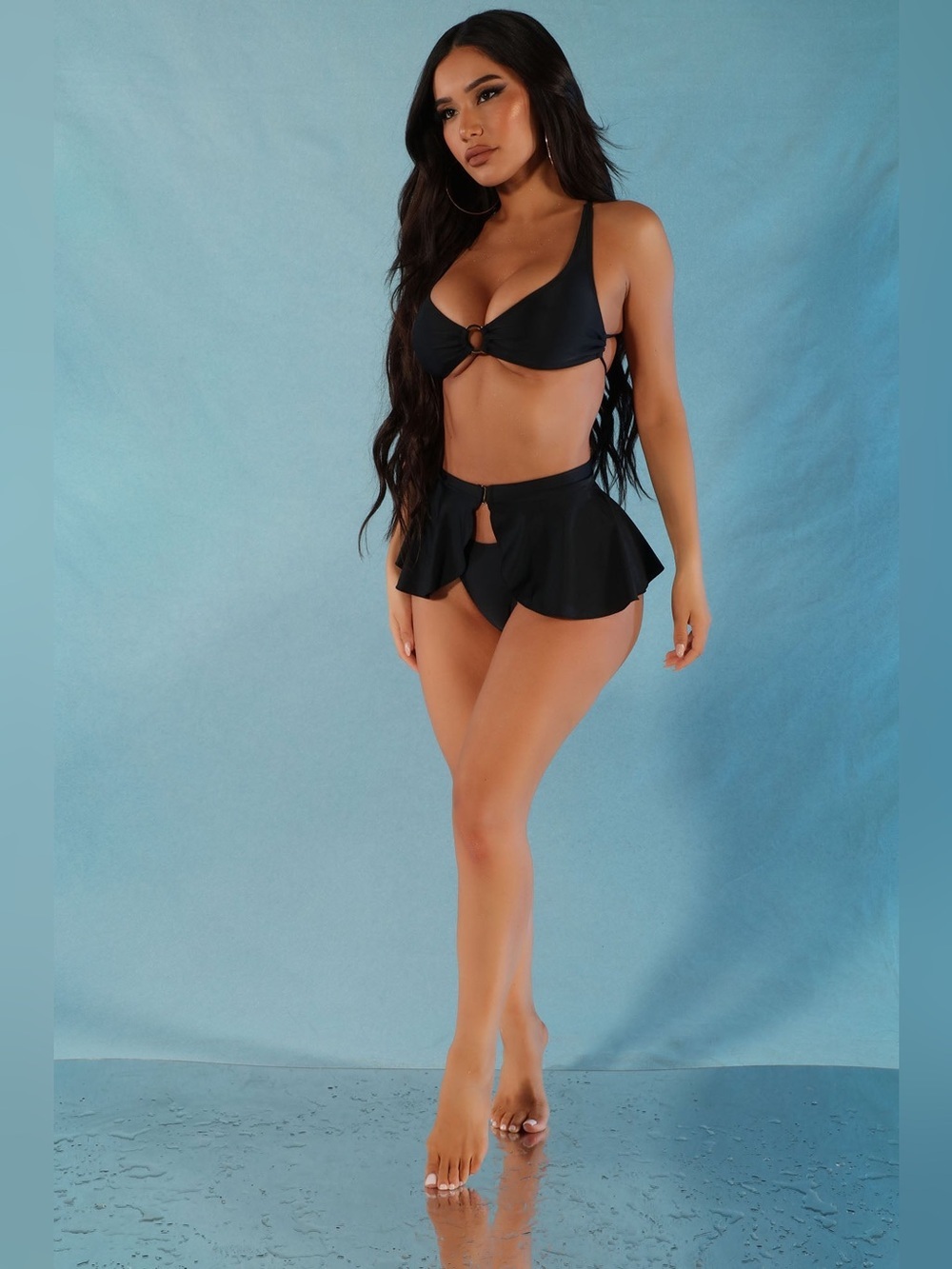 Fashion Nova Cutie By The Pool Three Piece Bikini and Skirt Set Black